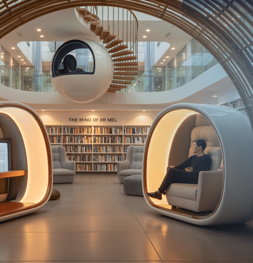 A reading lounge with private pods and shelves of books, part of the planned World Mental Health Fund Library